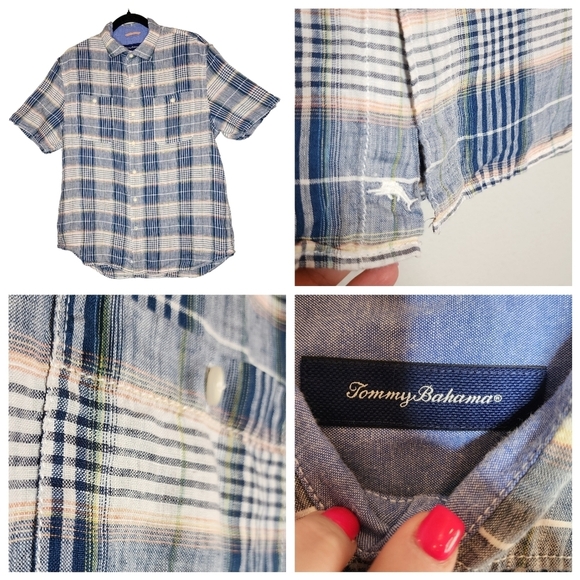 Tommy Bahama 100% linen plaid short sleeve button down shirt - Picture 1 of 12